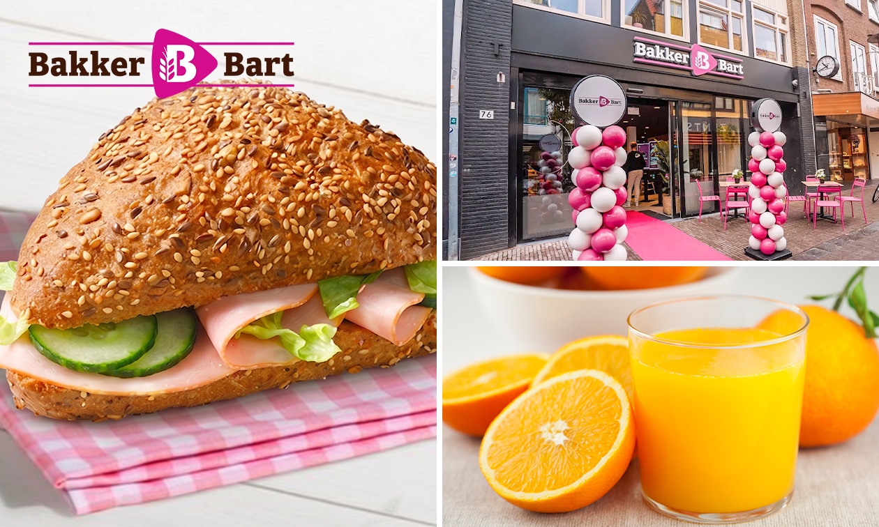 Broodje + warme drank of vers sap + suikerdonut bij Bakker Bart