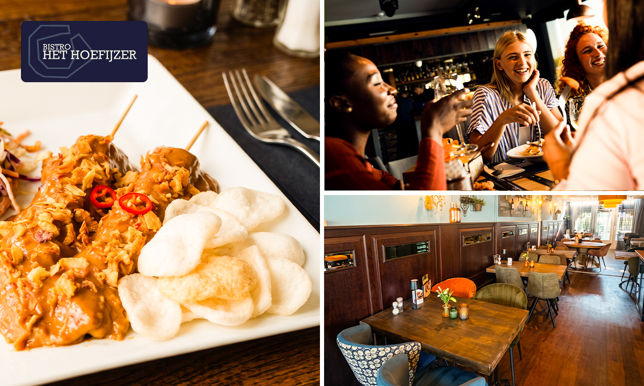Kipsaté + friet + kroepoek + koolsla bij Bistro Het Hoefijzer