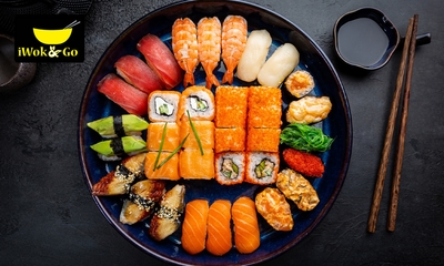 Sushibox naar keuze (40, 42 of 72 stuks) voor afhaal + evt. loempia's (8 of 16 stuks)