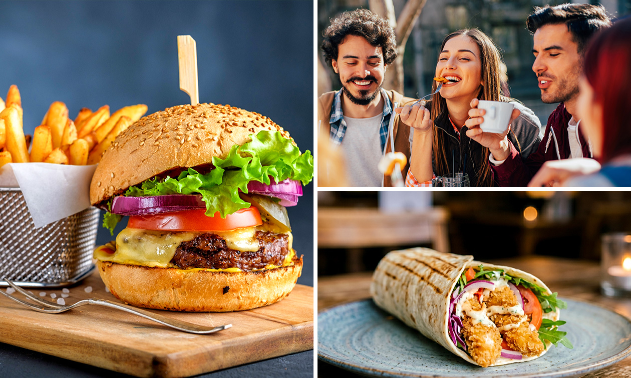 Burger, wrap of kapsalon + chicken tenders + friet met saus + frisdrank naar keuze Burger, wrap of kapsalon + chicken tenders + friet met saus + frisdrank naar keuze