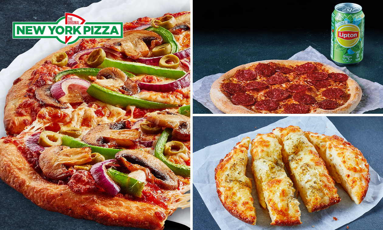 Pizza (25 cm) + bijgerecht of fris voor afhaal bij New York Pizza