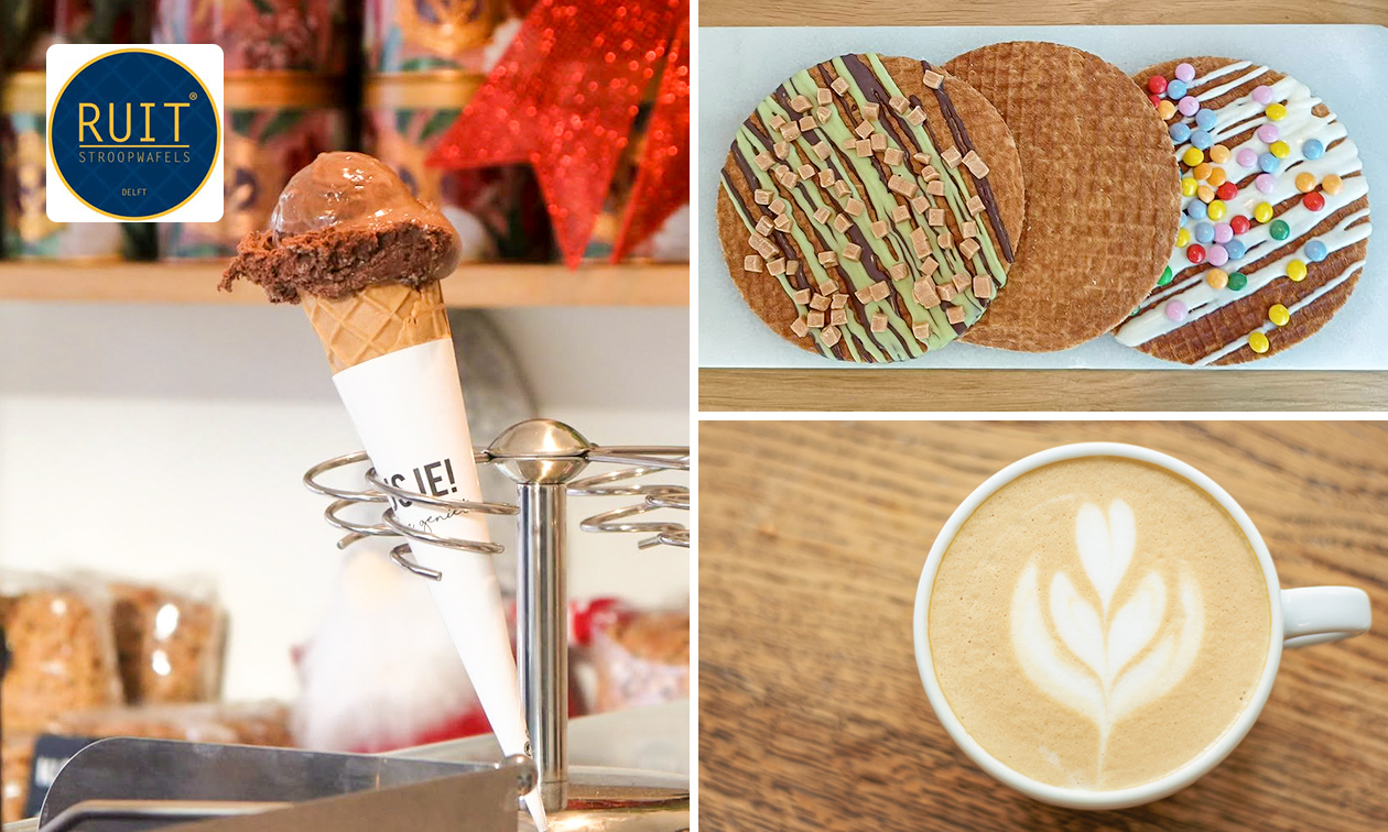 3 bollen ijs, warme drank naar keuze + verse XL stroopwafel of 10-rittenkaart in hartje Delft