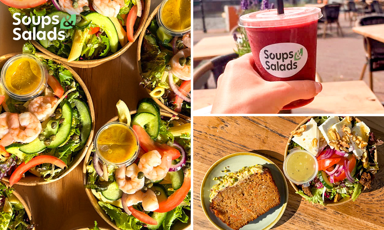 Maaltijdsalade naar keuze (medium) + zoetigheid + drankje bij Soups & Salads