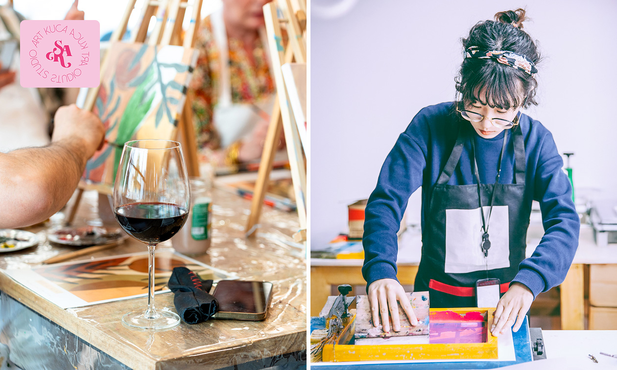 Sip & Paint-workshop (2,5 uur) of zeefdrukworkshop (4,5 uur)